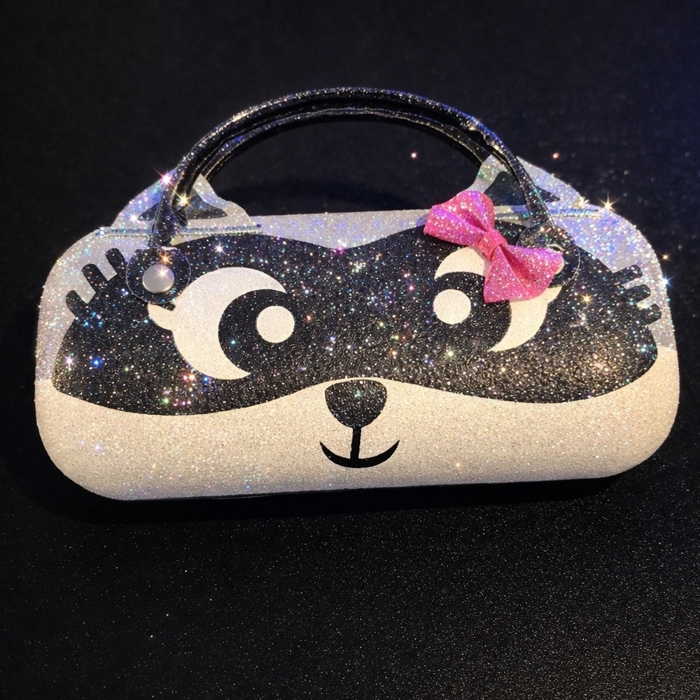 Glittery Black and White Racoon Glasses Case.
